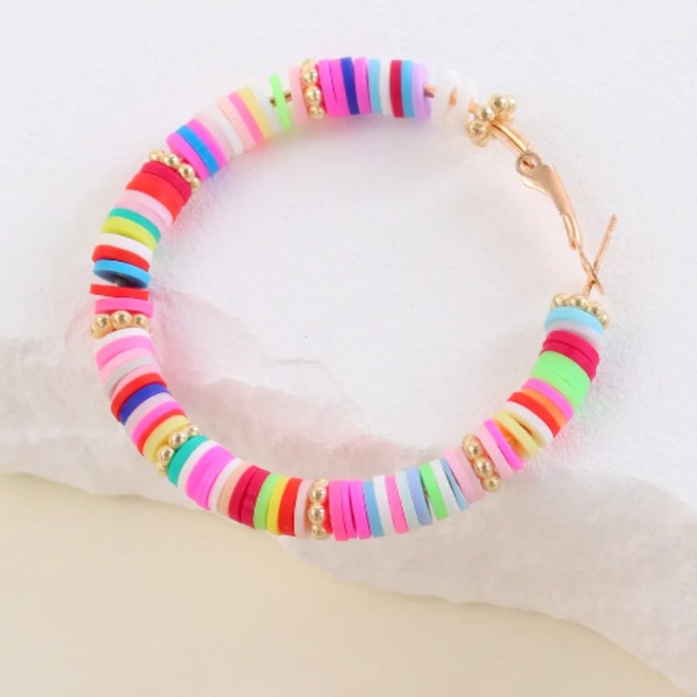 Colorful Soft Clay Discs Beaded Hoop Earrings NEW - Picture 3 of 5